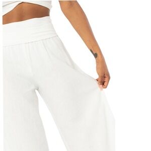 White Linen/Viscose Women's Wide Leg‎ Fold Over Waistband Pants Size Medium
